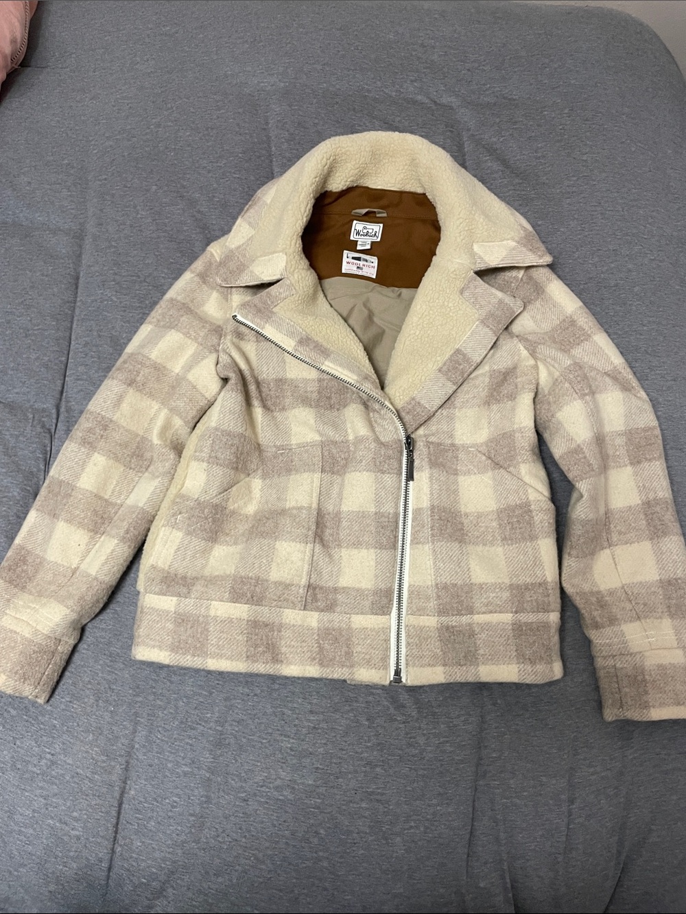 Woolrich Plaid Wool-Blend Pea Coat in Cream and Brown